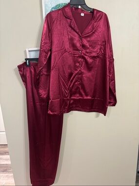 Silky Wine Red Women's Pajama Set - Satin Button-Up Top & Pants